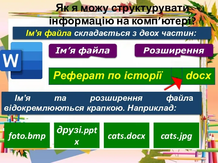 Як я можу структурувати інформацію на комп’ютері? Ім’я файла складається з двох