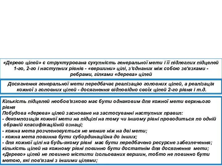 Досягнення генеральної мети передбачає реалізацію головних цілей, а реалізація кожної з головних