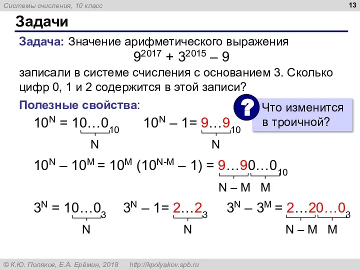 Задачи Задача: Значение арифметического выражения 92017 + 32015 – 9 записали в