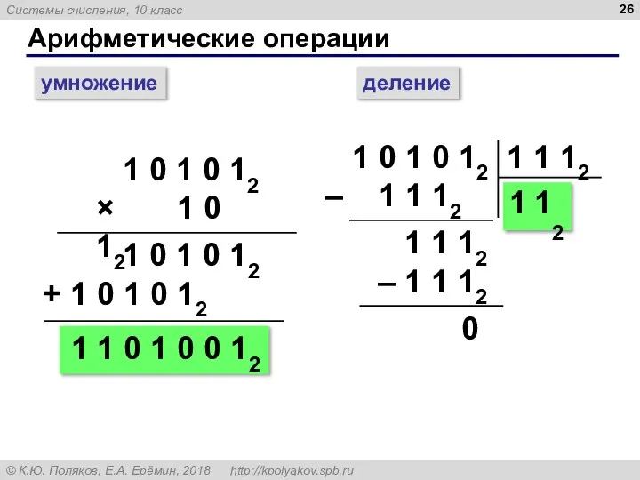 Арифметические операции умножение деление 1 0 1 0 12 × 1 0