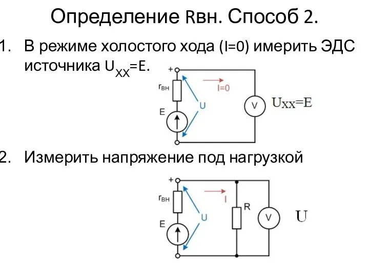 Определение Rвн. Способ 2. В режиме холостого хода (I=0) имерить ЭДС источника