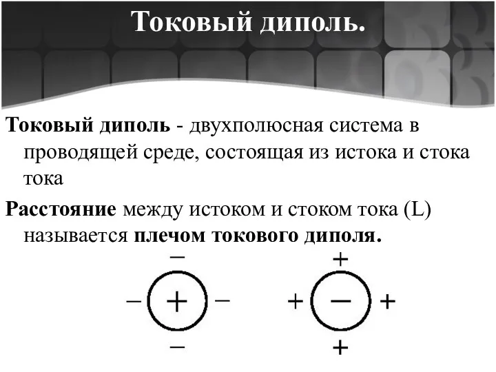 Токовый диполь. Токовый диполь - двухполюсная система в проводящей среде, состоящая из