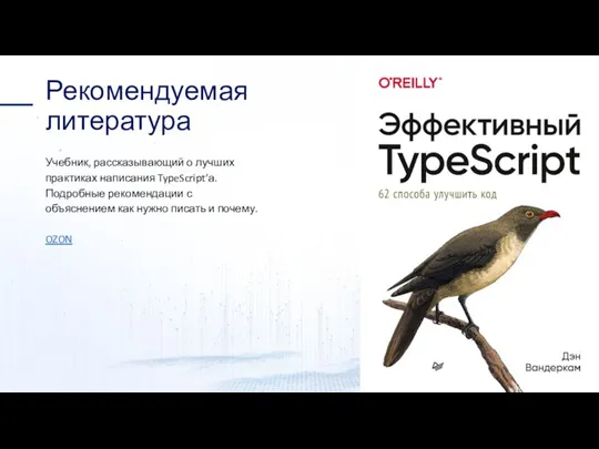 Рекомендуемая литература Учебник, рассказывающий о лучших практиках написания TypeScript’а. Подробные рекомендации с