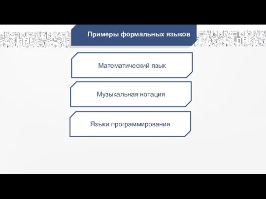 Математический язык Музыкальная нотация Языки программирования Примеры формальных языков