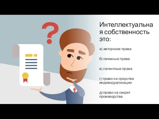 Интеллектуальная собственность это: а) авторские права б) смежные права в) патентные права