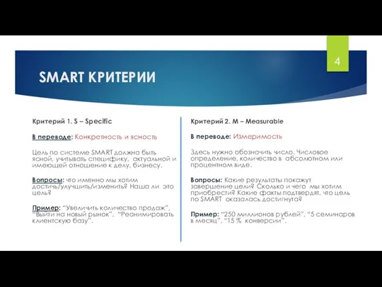 SMART КРИТЕРИИ Критерий 1. S – Specific В переводе: Конкретность и ясность