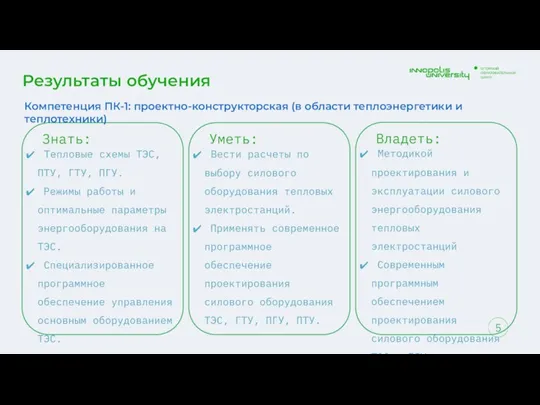 Результаты обучения Уметь: Вести расчеты по выбору силового оборудования тепловых электростанций. Применять