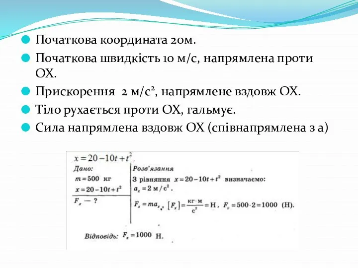 Початкова координата 20м. Початкова швидкість 10 м/с, напрямлена проти ОХ. Прискорення 2