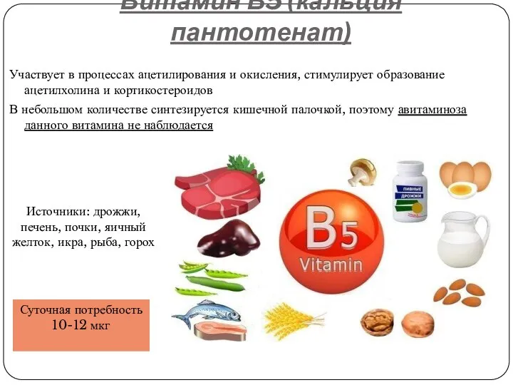 Витамин В5 (кальция пантотенат) Участвует в процессах ацетилирования и окисления, стимулирует образование