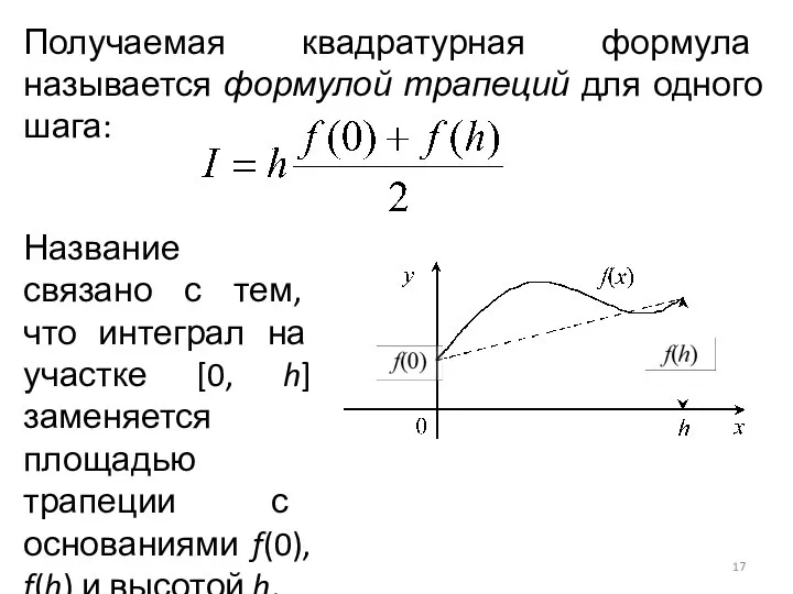 Получаемая квадратурная формула называется формулой трапеций для одного шага: Название связано с