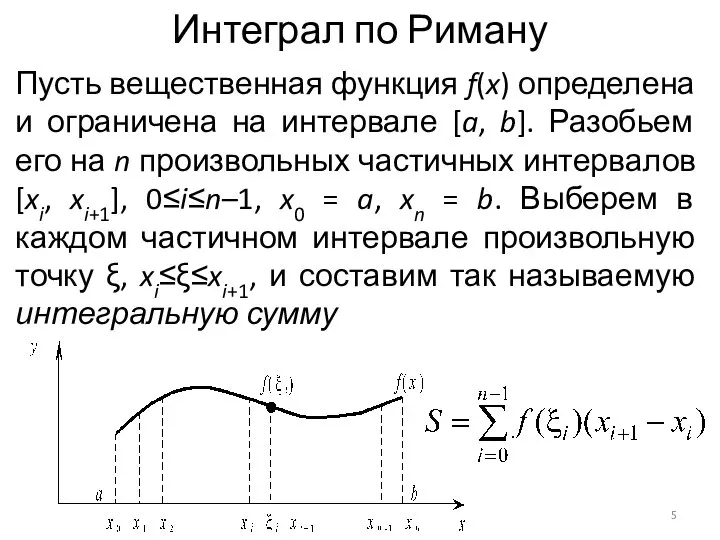 Интеграл по Риману Пусть вещественная функция f(x) определена и ограничена на интервале