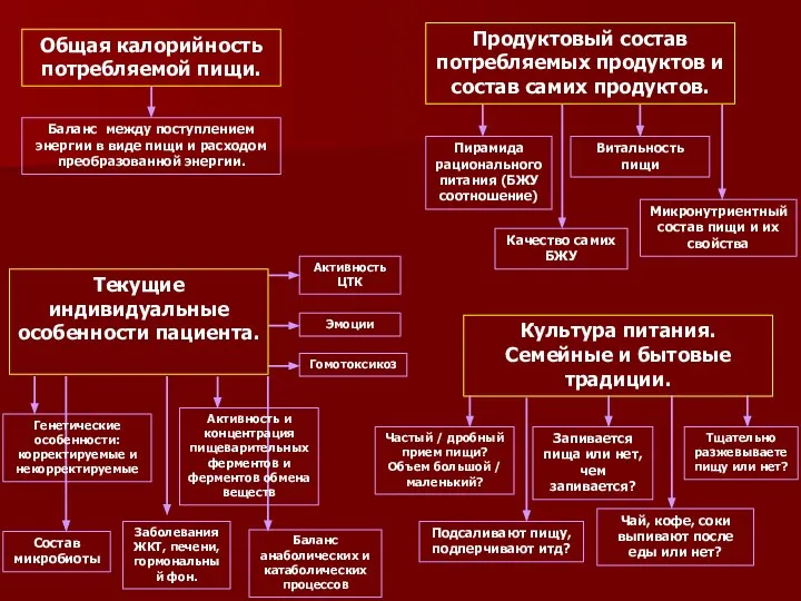 Общая калорийность потребляемой пищи. Продуктовый состав потребляемых продуктов и состав самих продуктов.