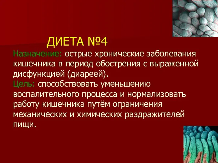 ДИЕТА №4 Назначение: острые хронические заболевания кишечника в период обострения с выраженной