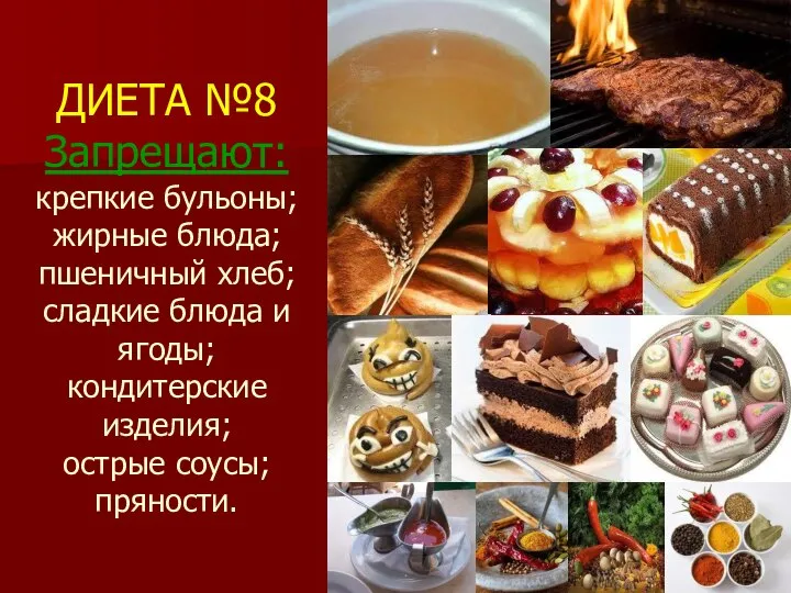 ДИЕТА №8 Запрещают: крепкие бульоны; жирные блюда; пшеничный хлеб; сладкие блюда и