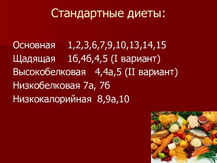 Стандартные диеты: Основная 1,2,3,6,7,9,10,13,14,15 Щадящая 1б,4б,4,5 (I вариант) Высокобелковая 4,4а,5 (II вариант)