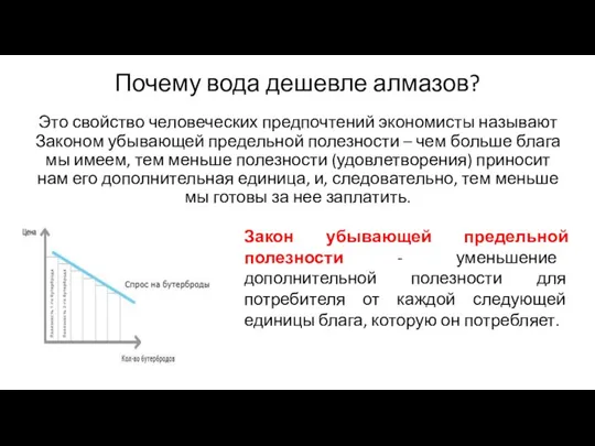 Почему вода дешевле алмазов? Это свойство человеческих предпочтений экономисты называют Законом убывающей