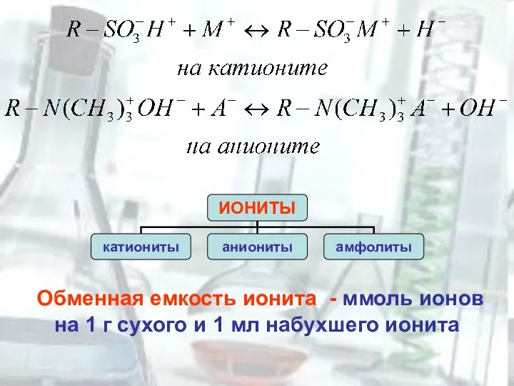 Обменная емкость ионита - ммоль ионов на 1 г сухого и 1 мл набухшего ионита