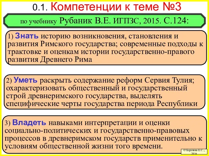 3) Владеть навыками интерпретации и оценки социально-политических и государственно-правовых процессов в древнеримском