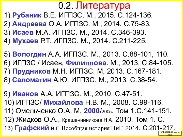 0.2. Литература 1) Рубаник В.Е. ИГПЗС. М., 2015. С.124-136. 2) Андреева О.А.