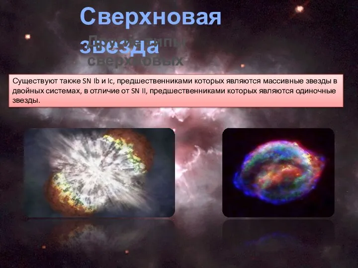 Сверхновая звезда Другие типы сверхновых Существуют также SN Ib и Ic, предшественниками