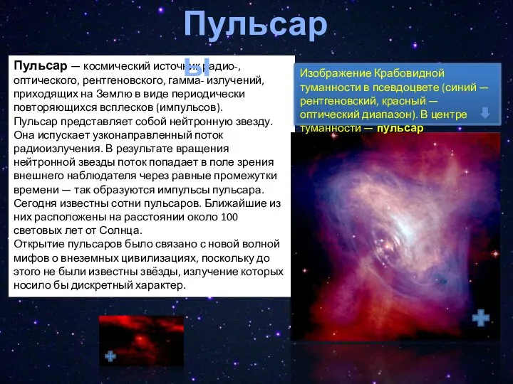 Пульсар — космический источник радио-, оптического, рентгеновского, гамма- излучений, приходящих на Землю