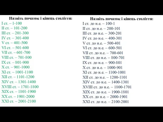 Назвіть початок і кінець століття: I ст. – 1-100 II ст. –