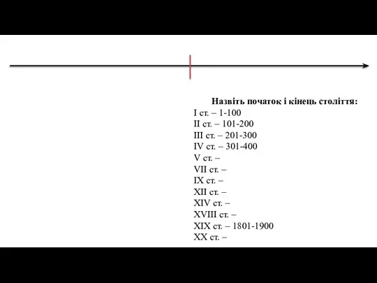 Назвіть початок і кінець століття: I ст. – 1-100 II ст. –