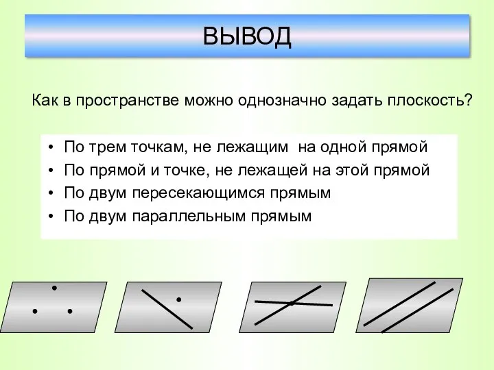 По трем точкам, не лежащим на одной прямой По прямой и точке,