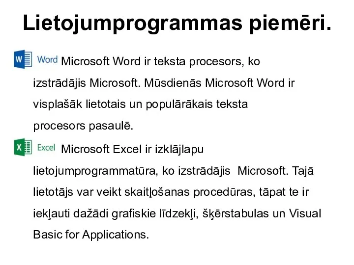 Lietojumprogrammas piemēri. Microsoft Word ir teksta procesors, ko izstrādājis Microsoft. Mūsdienās Microsoft