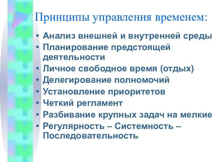 Принципы управления временем: Анализ внешней и внутренней среды Планирование предстоящей деятельности Личное