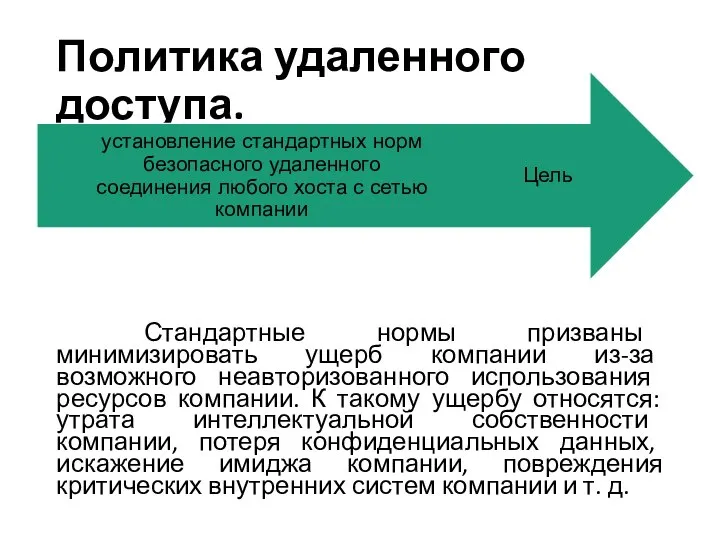 Политика удаленного доступа. Стандартные нормы призваны минимизировать ущерб компании из-за возможного неавторизованного