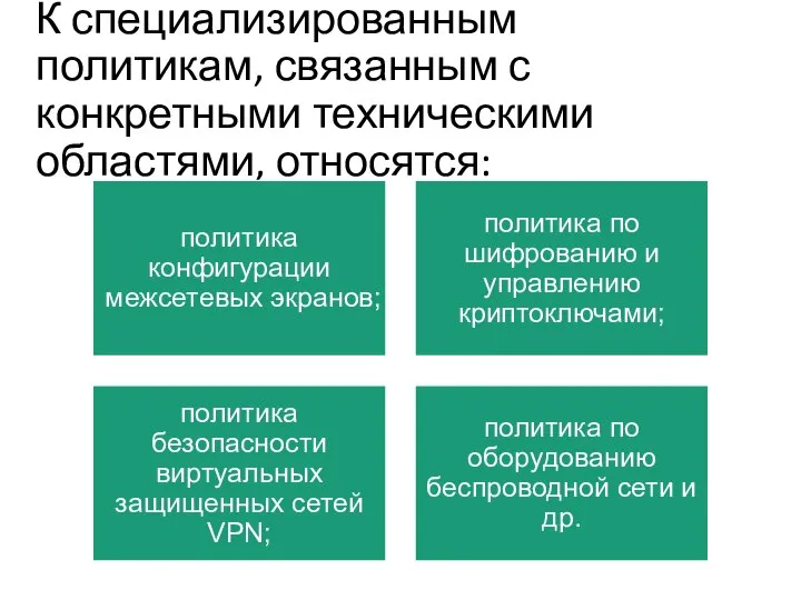 К специализированным политикам, связанным с конкретными техническими областями, относятся: