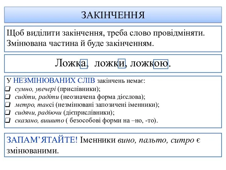 ЗАКІНЧЕННЯ Щоб виділити закінчення, треба слово провідміняти. Змінювана частина й буде закінченням.