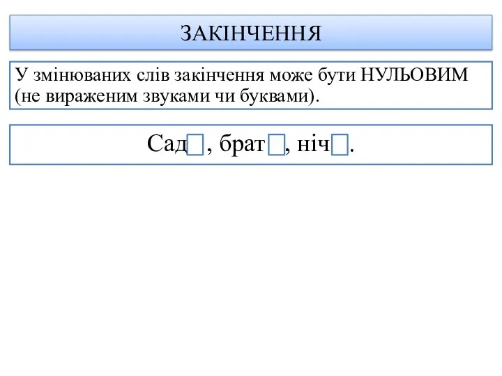 ЗАКІНЧЕННЯ У змінюваних слів закінчення може бути НУЛЬОВИМ (не вираженим звуками чи