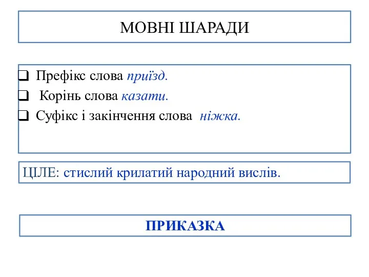 МОВНІ ШАРАДИ Префікс слова приїзд. Корінь слова казати. Суфікс і закінчення слова