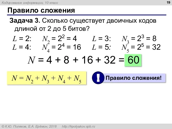 Правило сложения Задача 3. Сколько существует двоичных кодов длиной от 2 до