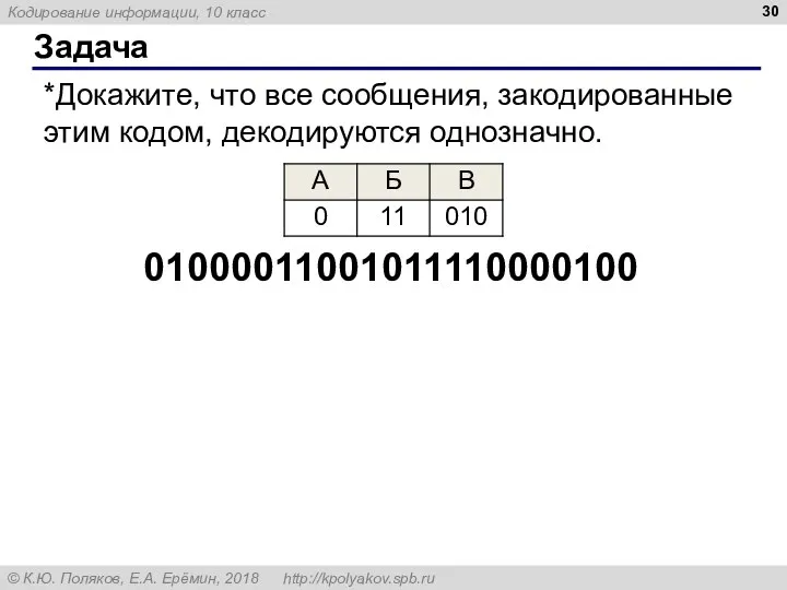 Задача *Докажите, что все сообщения, закодированные этим кодом, декодируются однозначно. 01000011001011110000100