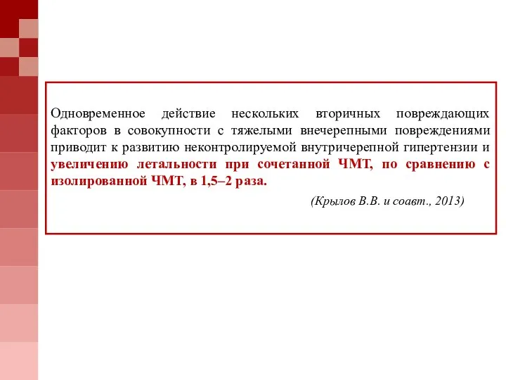 Одновременное действие нескольких вторичных повреждающих факторов в совокупности с тяжелыми внечерепными повреждениями