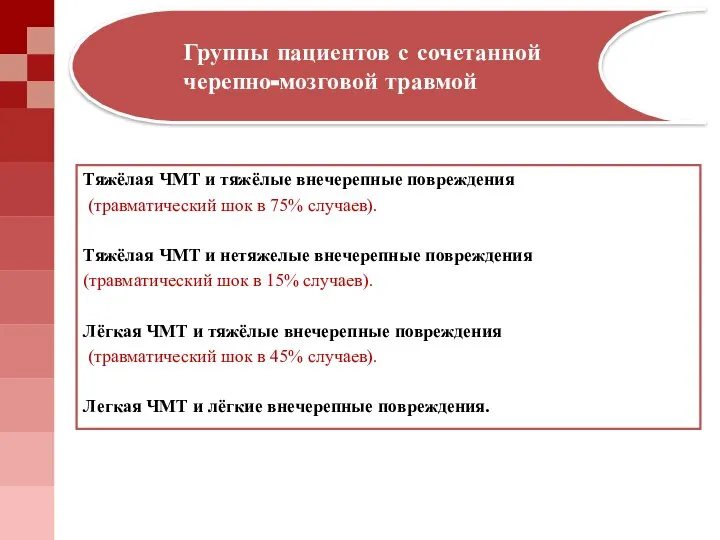 Тяжёлая ЧМТ и тяжёлые внечерепные повреждения (травматический шок в 75% случаев). Тяжёлая