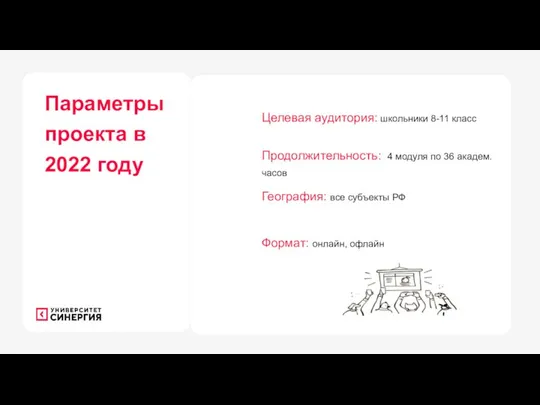 Параметры проекта в 2022 году Целевая аудитория: школьники 8-11 класс Продолжительность: 4