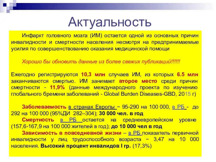 Актуальность Инфаркт головного мозга (ИМ) остается одной из основных причин инвалидности и