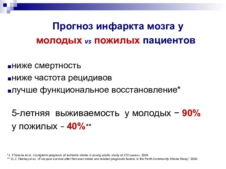 Прогноз инфаркта мозга у молодых vs пожилых пациентов ниже смертность ниже частота