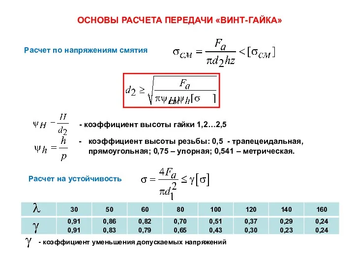 ОСНОВЫ РАСЧЕТА ПЕРЕДАЧИ «ВИНТ-ГАЙКА» Расчет по напряжениям смятия - коэффициент высоты гайки