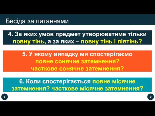 Бесіда за питаннями 4. За яких умов предмет утворюватиме тільки повну тінь,