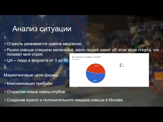 Анализ ситуации 1. Отрасль развивается крайне медленно Рынок сквоша слишком маленький, мало