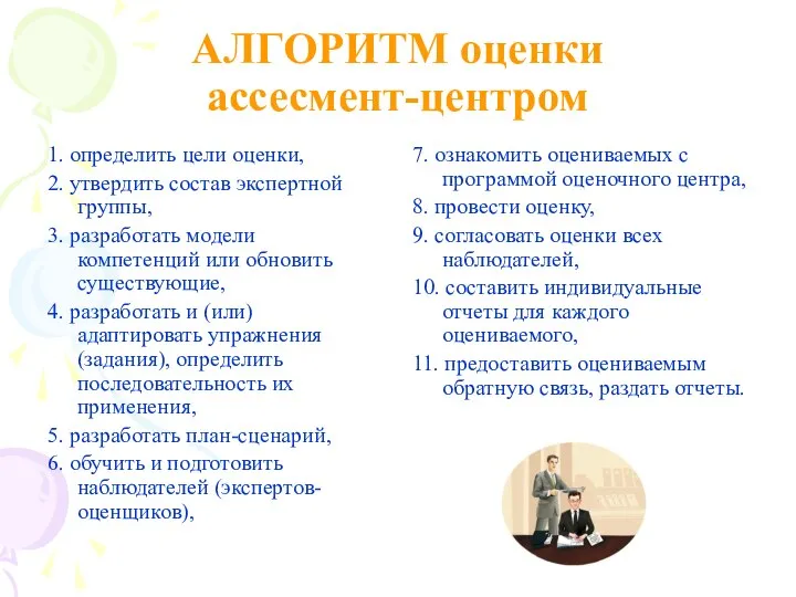 АЛГОРИТМ оценки ассесмент-центром 1. определить цели оценки, 2. утвердить состав экспертной группы,