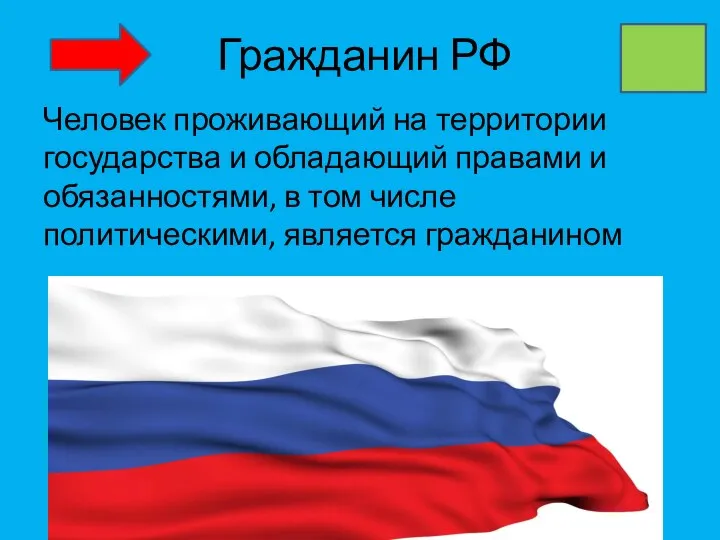 Гражданин РФ Человек проживающий на территории государства и обладающий правами и обязанностями,