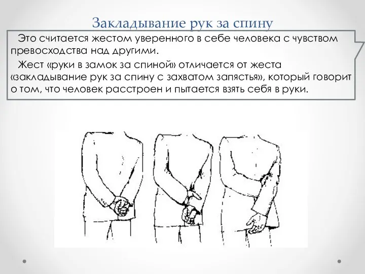 Закладывание рук за спину Это считается жестом уверенного в себе человека с