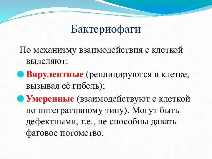 Бактериофаги По механизму взаимодействия с клеткой выделяют: Вирулентные (реплицируются в клетке, вызывая