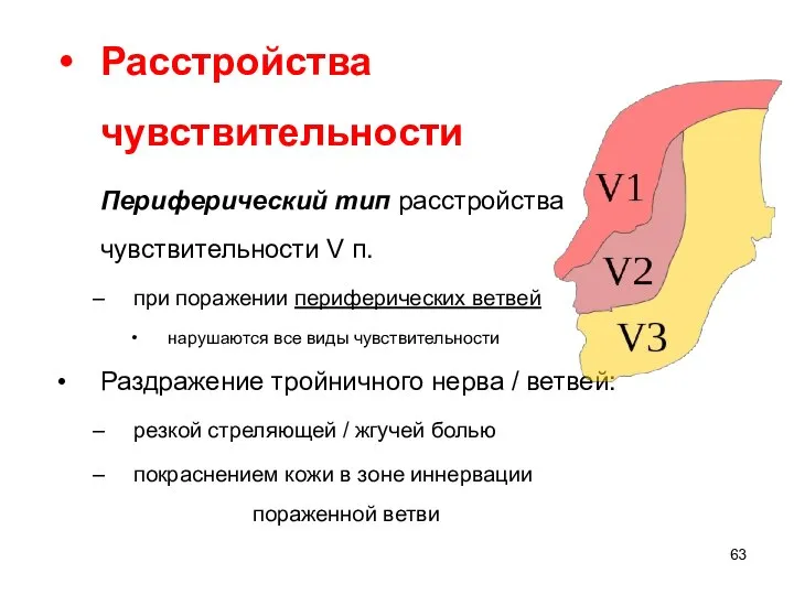 Расстройства чувствительности Периферический тип расстройства чувствительности V п. при поражении периферических ветвей